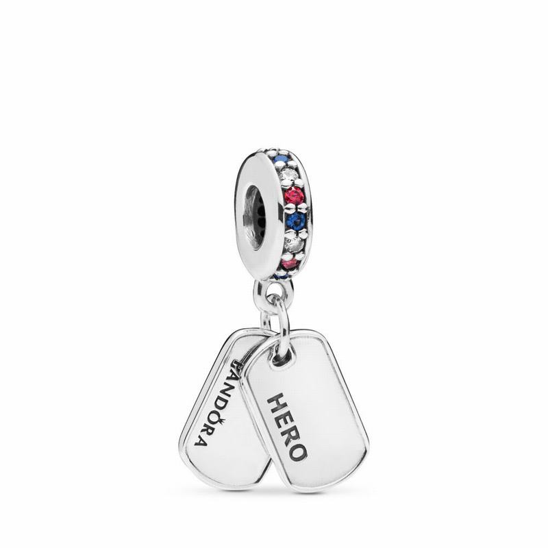 Pandora Hero Dog Tag Dangle Charm - Sterling Silver/Blue/Mixed Stones - Canada | TB7494DL